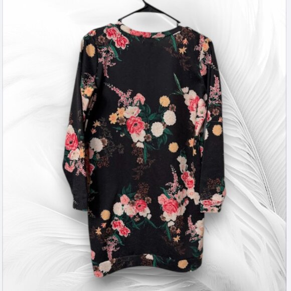 Black Floral Long Sleeve Tunic Dress – Soft Stretchy Casual Top - Picture 2 of 7